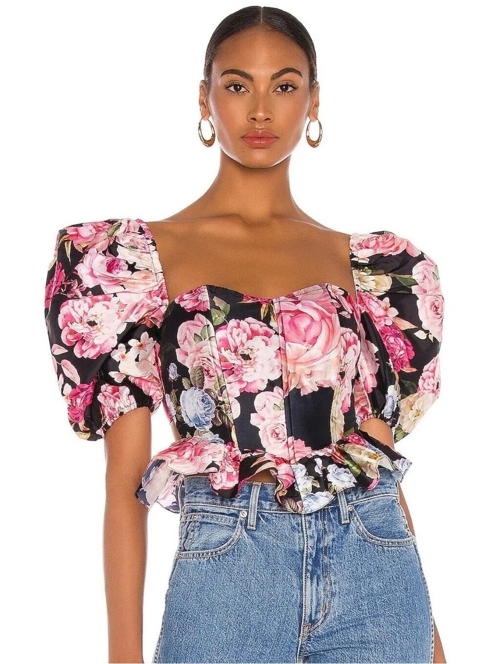 X REVOLVE Elea Top in Black Floral HEMANT AND NANDITA (sz L)